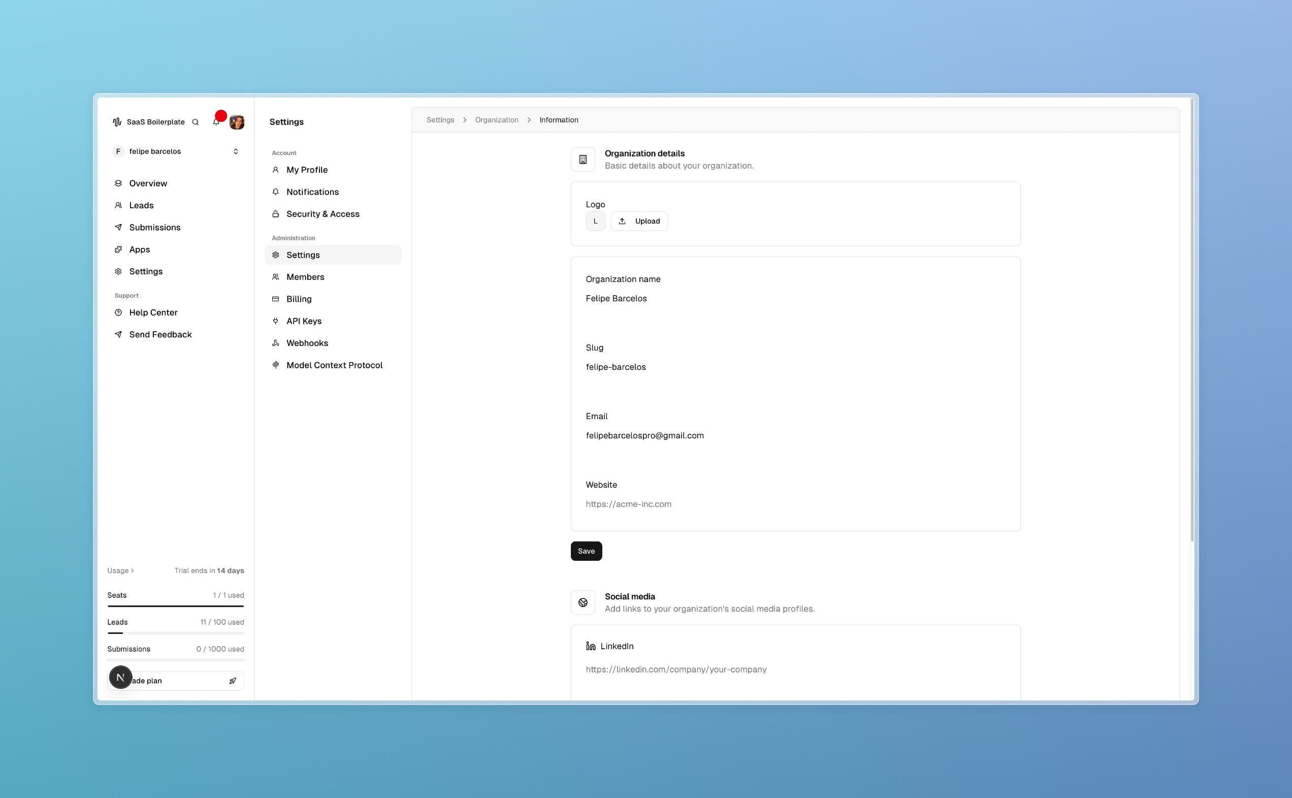Página de informações da organização mostrando opções de identidade visual e personalização.