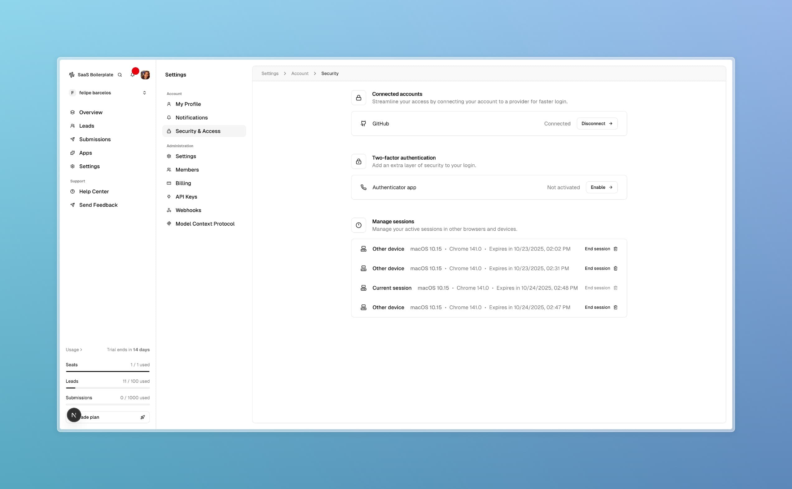 Página de Segurança e Acesso mostrando configurações de segurança e gerenciamento de sessão.