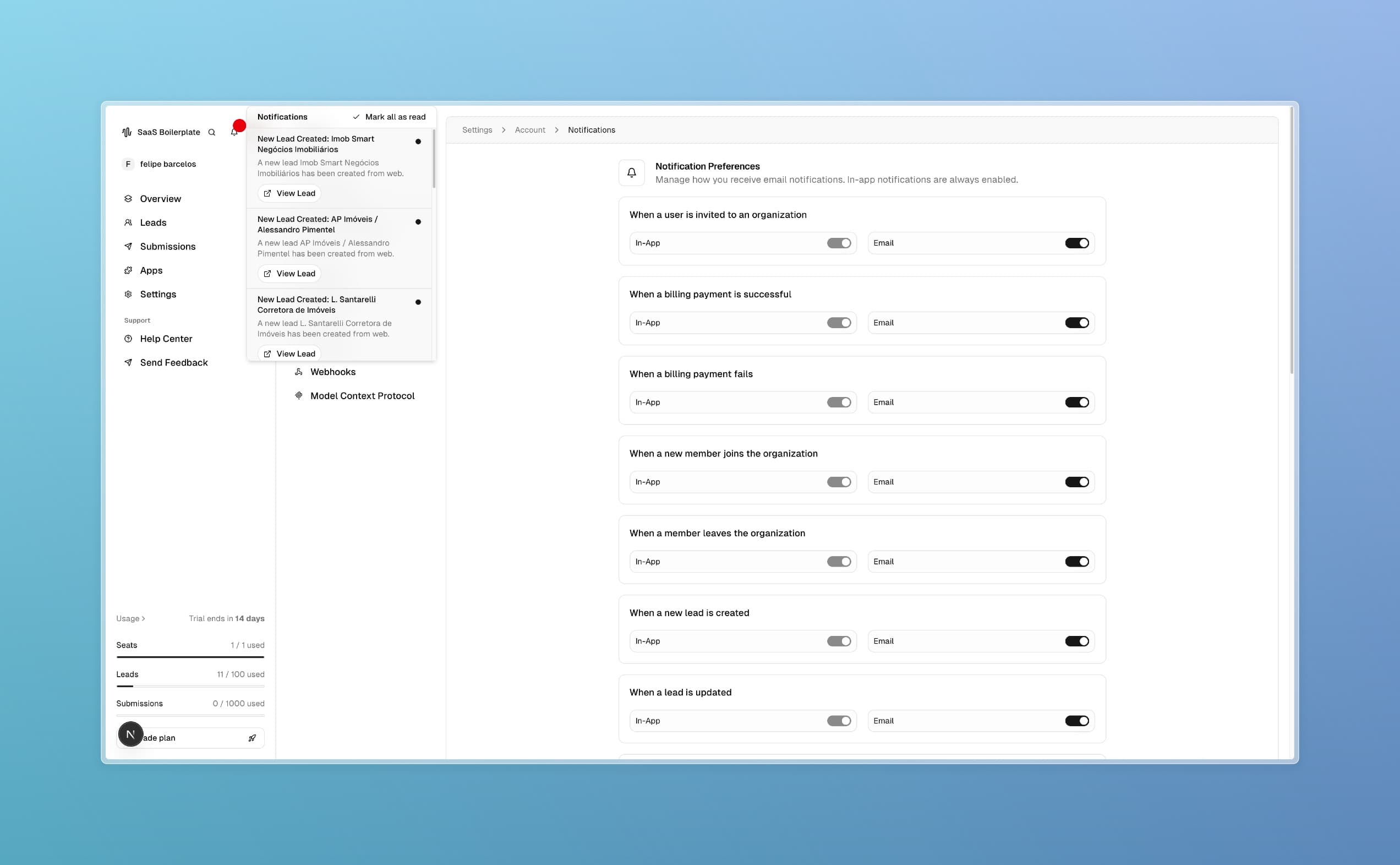 Página de notificações mostrando preferências para comunicações transacionais e de marketing.
